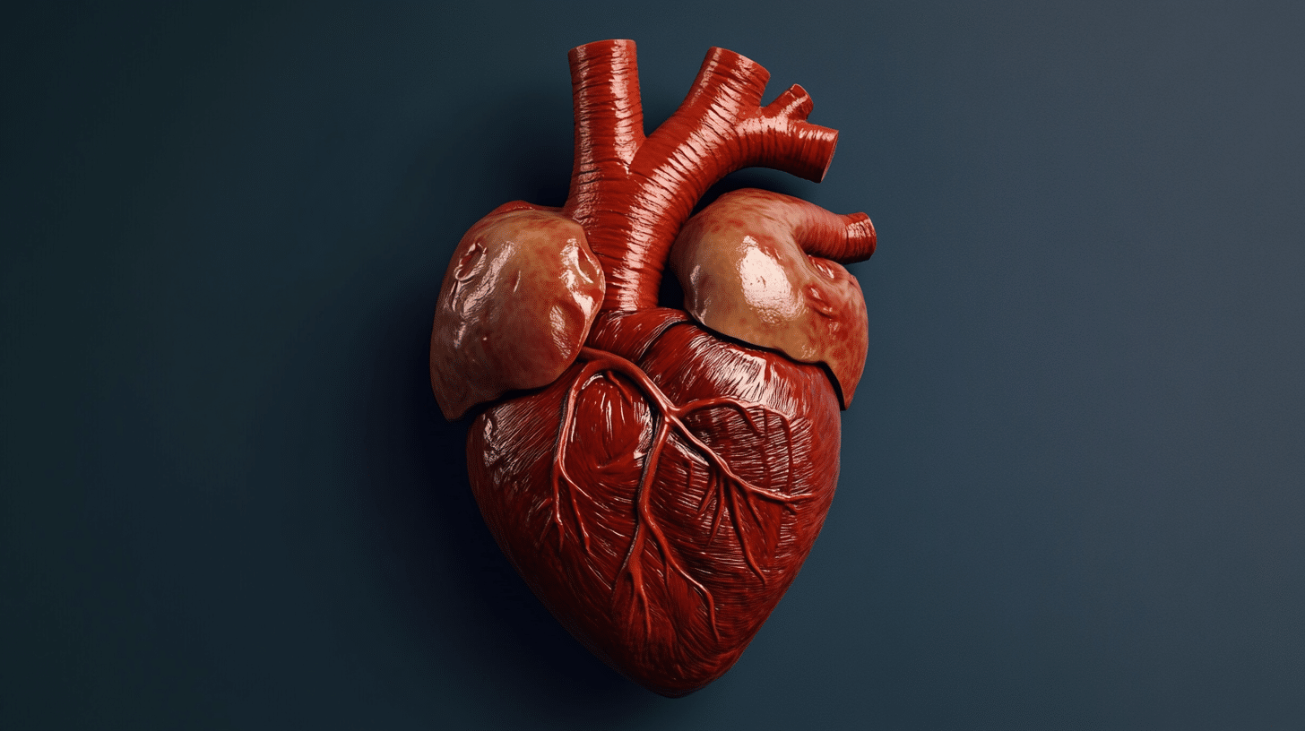 3D rendering of a correct standard medical model of the human heart, showcasing the cardiovascular system with matte rubber texture and rich details. The structure should be anatomically accurate with a dark blue background.