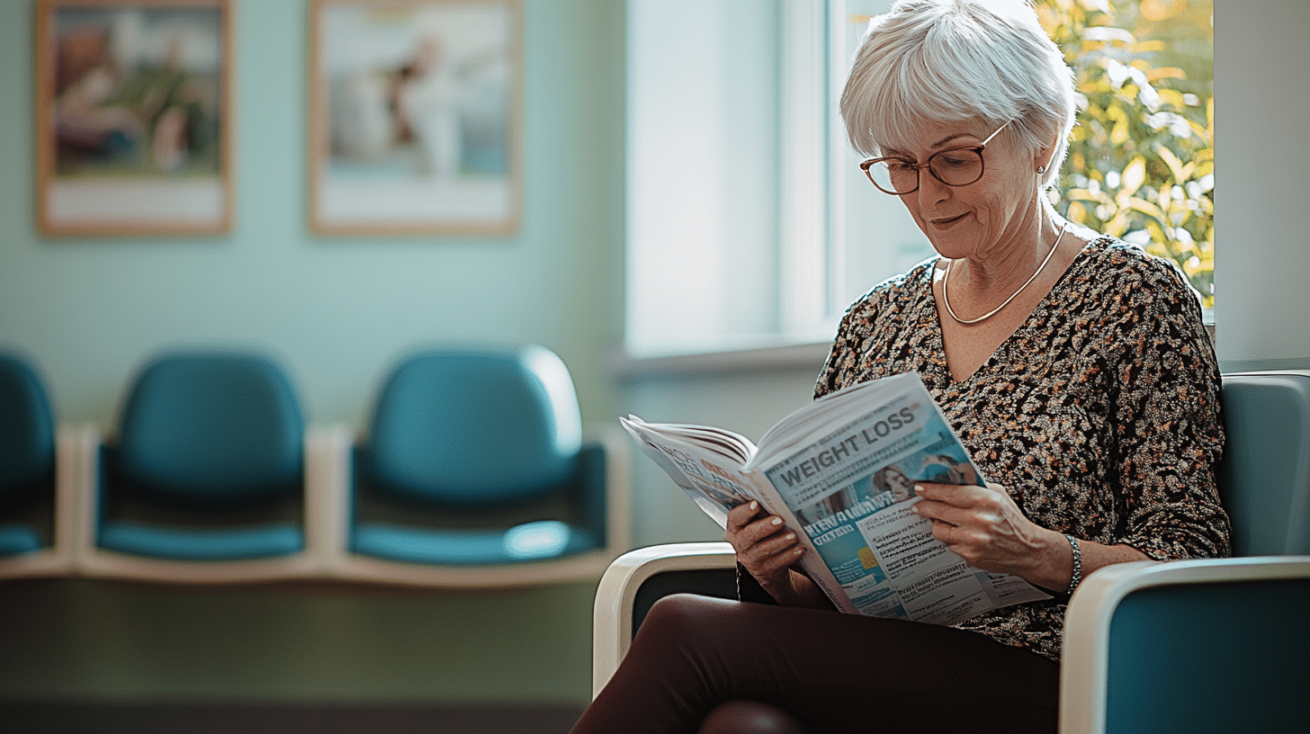 A woman in her 60s reading a magazine article about weight loss.