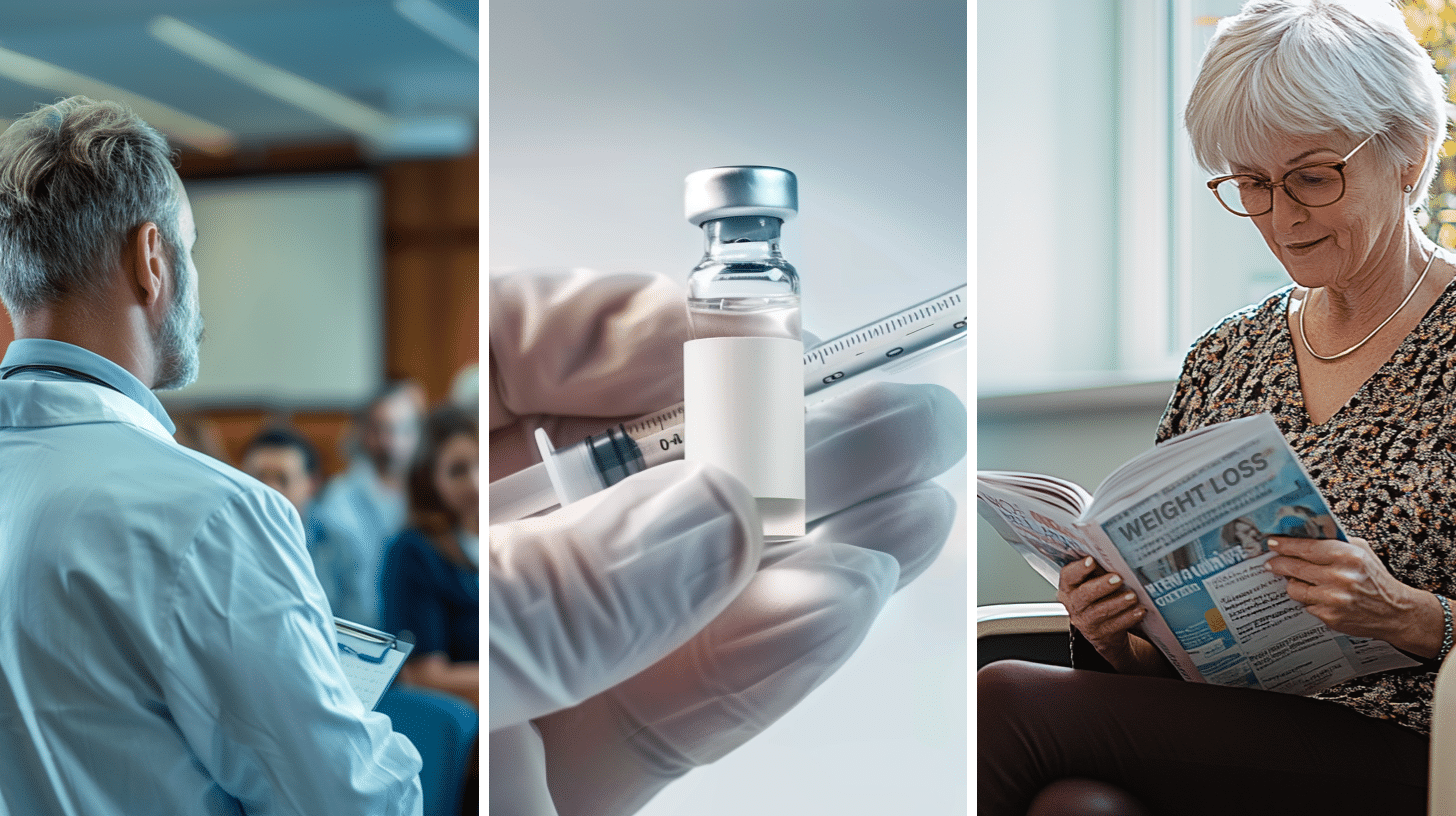 Healthcare professionals in a conference room, a vial and syringe symbolizing clinical trials,