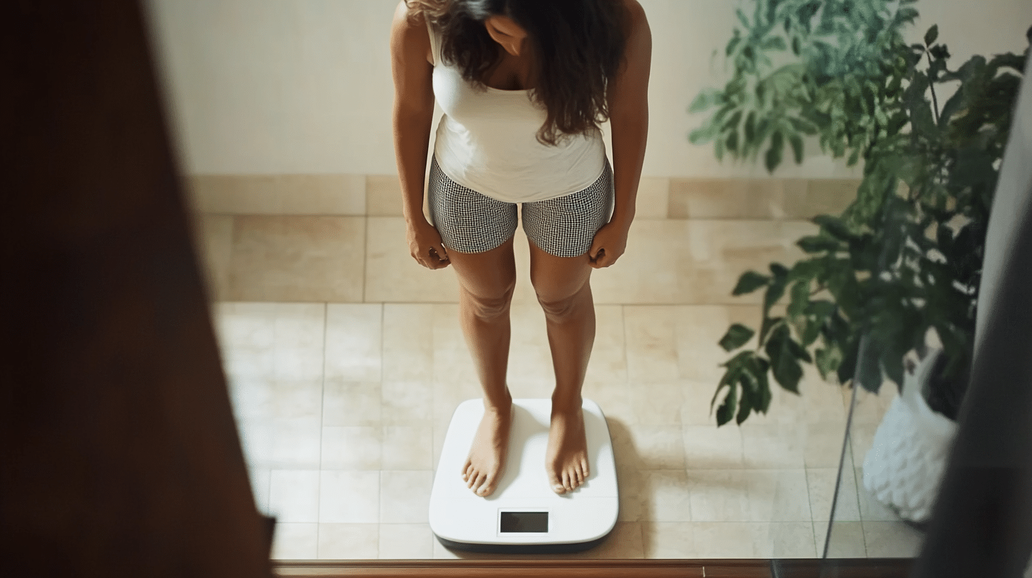 A woman standing on a digital weighing scale in a bathroom.
