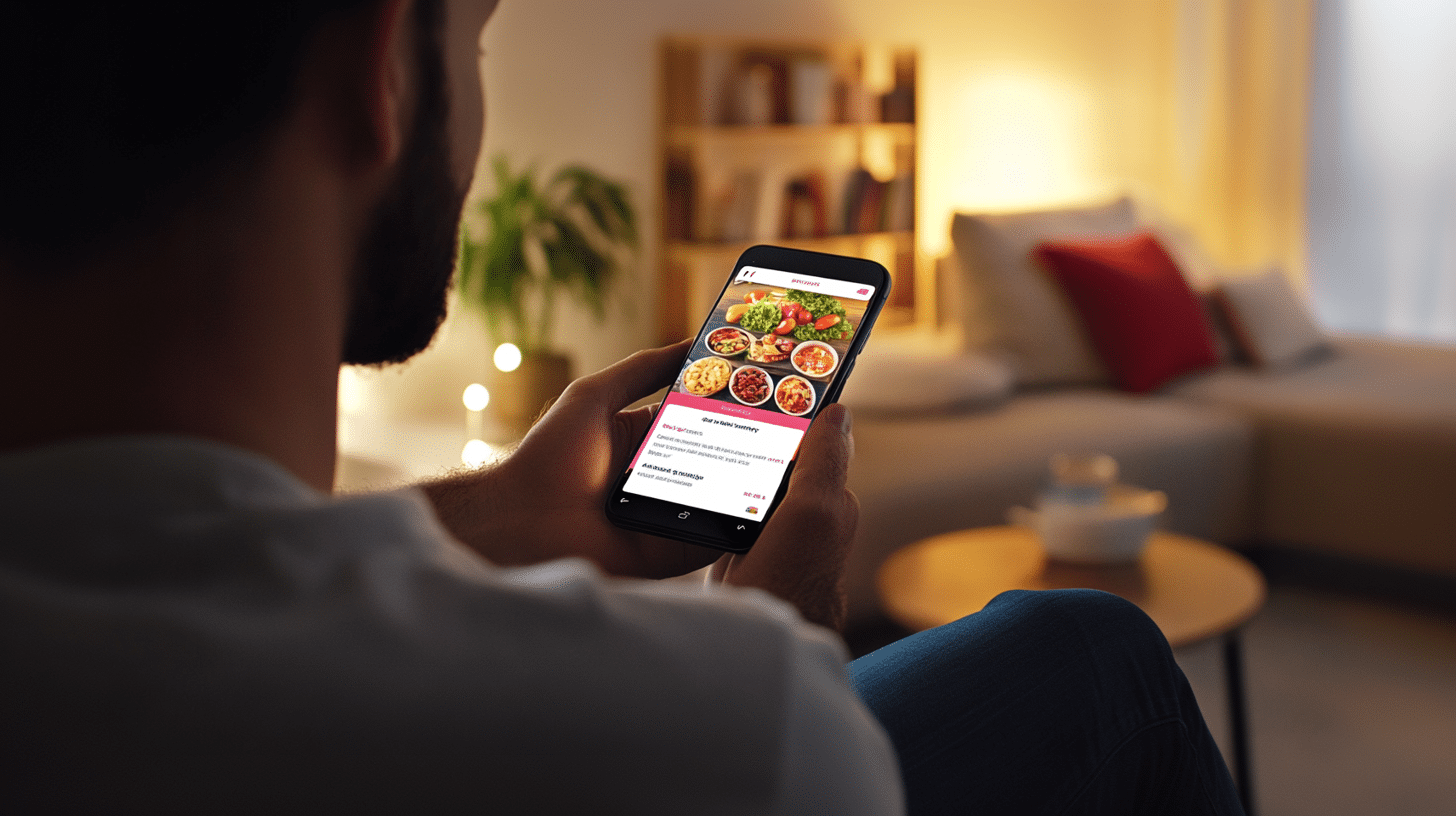 A man checking his meal prep app to plan and track his meals.