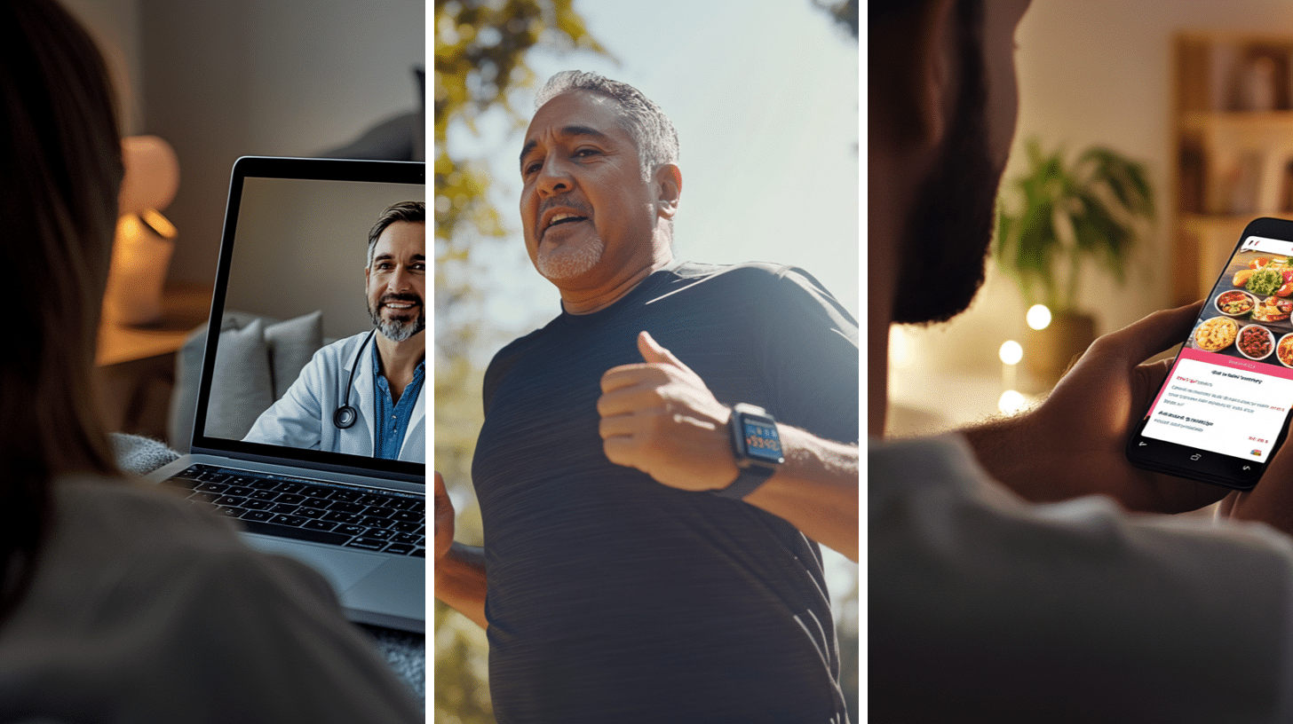 A woman having a video call with a her doctor, a man in his 50s running in the park, wearing a fitness tracker watch, and a man checking his meal prep app to plan and track his meals.