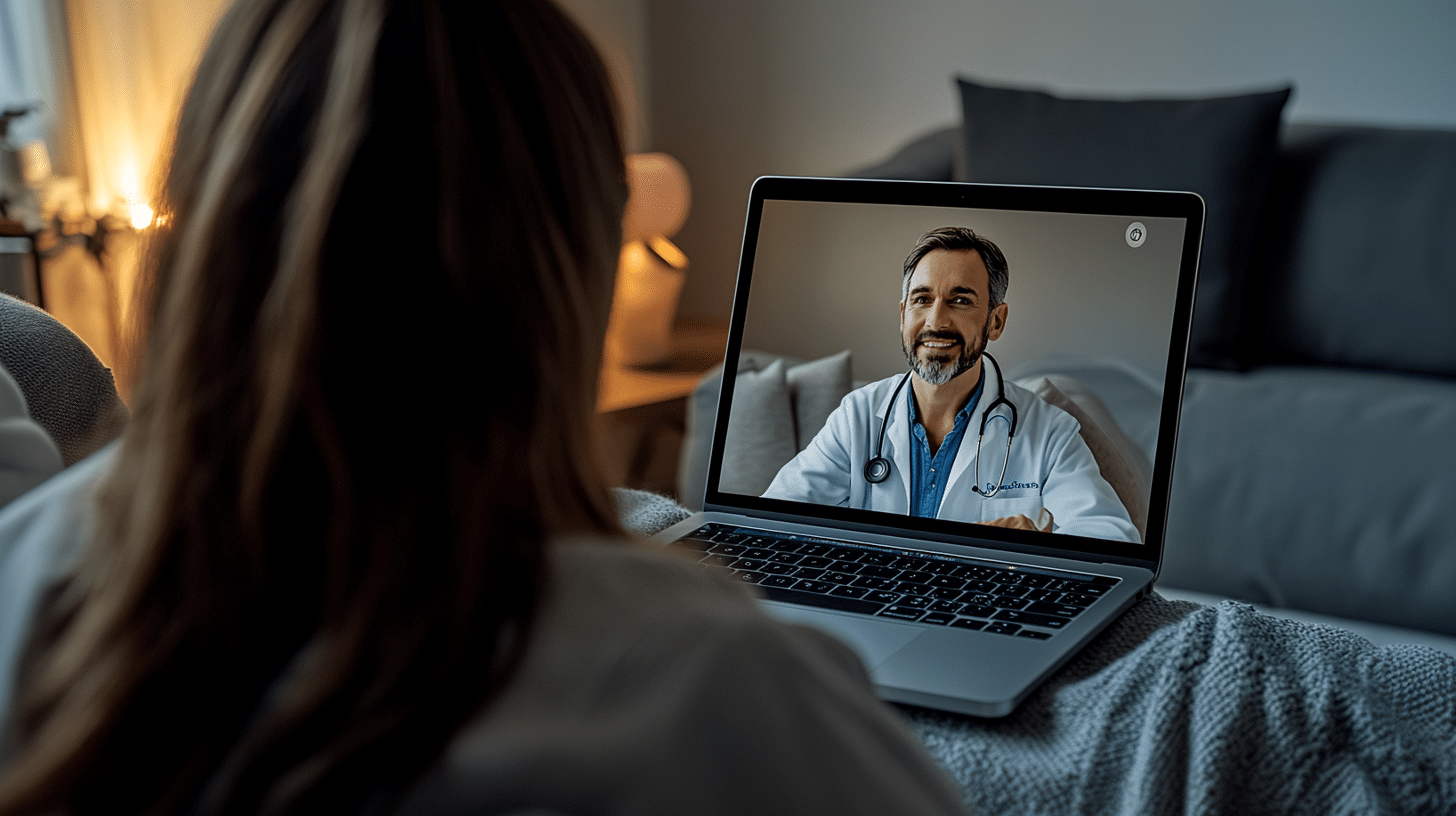 A woman having a video call with a her doctor on a laptop, a remote medical consultation online at home.