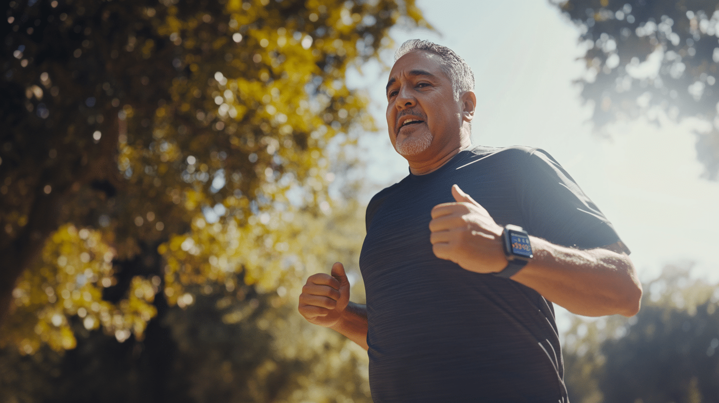 A man in his 50s running in the park, wearing a fitness tracker watch to monitor his progress.