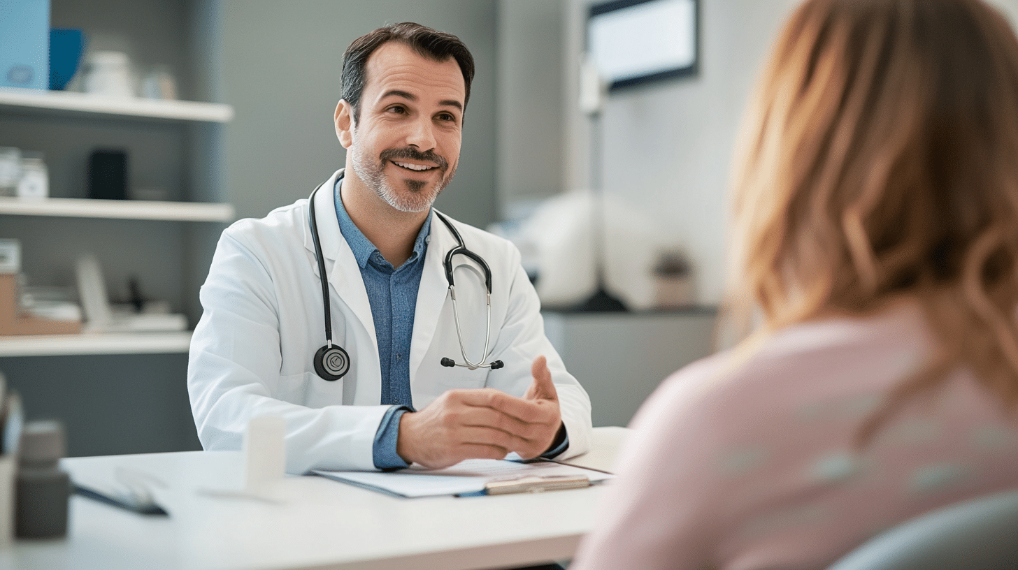 A doctor sitting across from a patient in a clinic, reviewing a health chart and discussing weight loss goals with a supportive expression. Prem