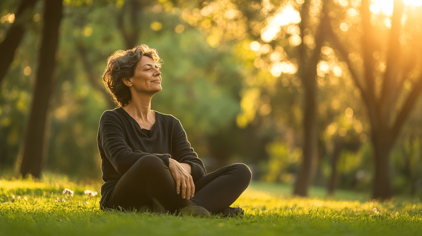 A middle-aged person sitting calmly in a peaceful park, taking deep breaths with a relaxed expression, symbolizing stress reduction for lower blood pressure.