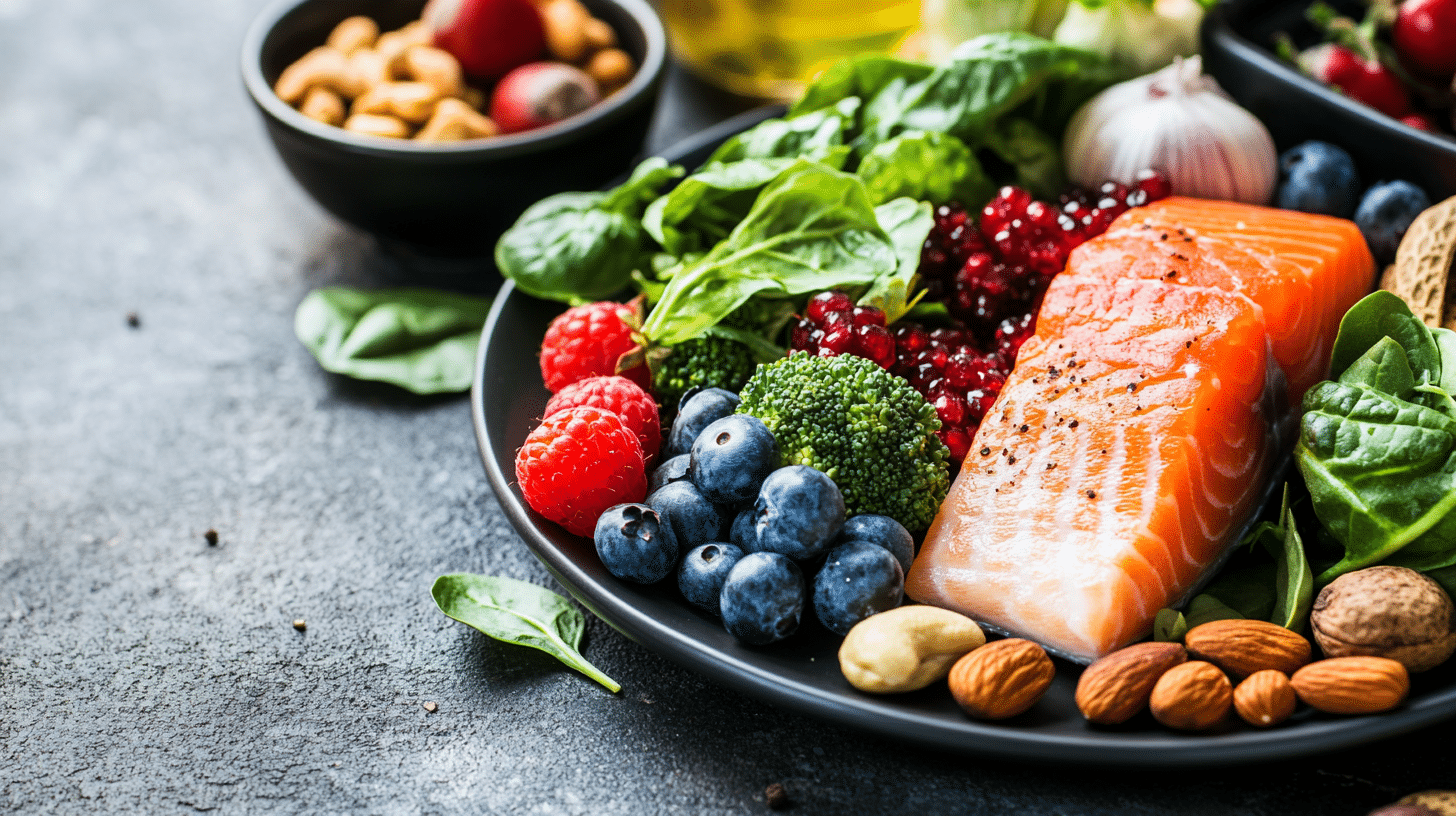 A plate of heart-healthy foods, including leafy greens, salmon, nuts, and berries, representing a diet that helps lower blood pressure.