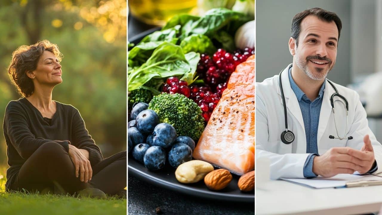 A doctor sitting across from a patient in a clinic, reviewing a health chart and discussing weight loss goals with a supportive expression. Prem