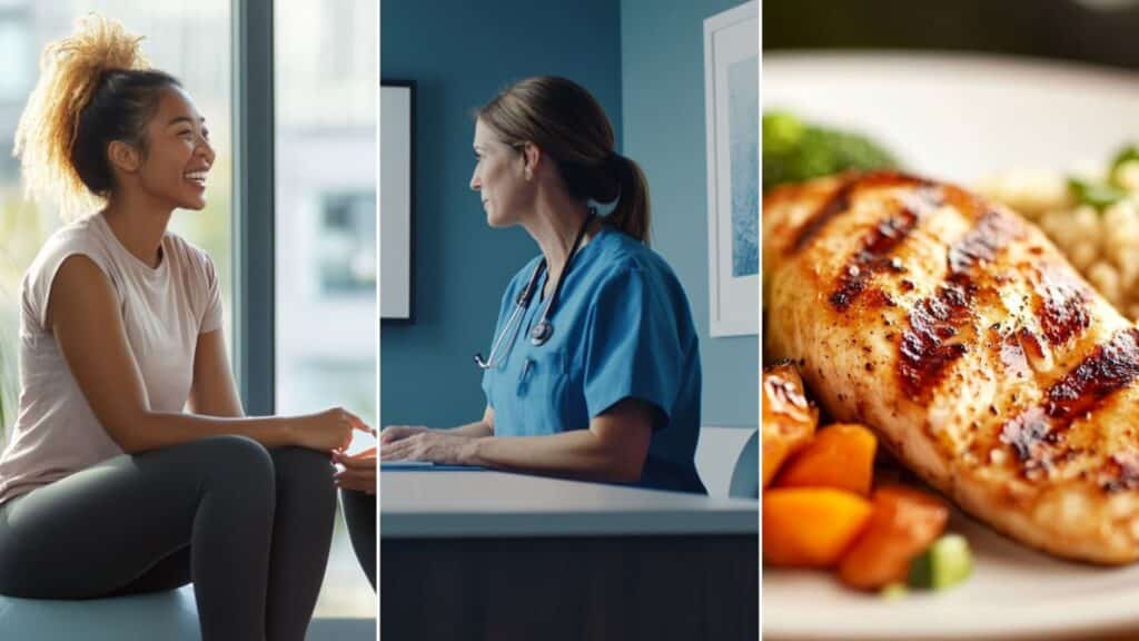 A weight loss nurse practitioner talking to the patient. A Physiotherapist sitting on a yoga ball across her patient who is also sitting on a yoga ball they are both laughing and having a conversation. Plate of dinner featuring a balanced meal with a strong emphasis on protein, fiber-rich vegetables, and a healthy source of carbohydrates.