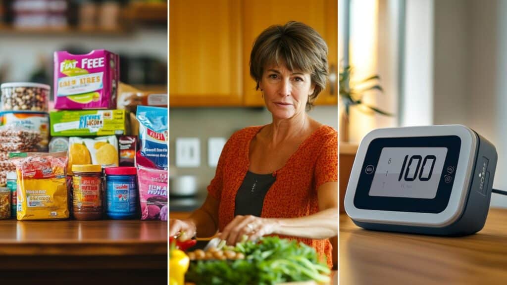 A set of 3 images that all about fat free food in weight loss management.