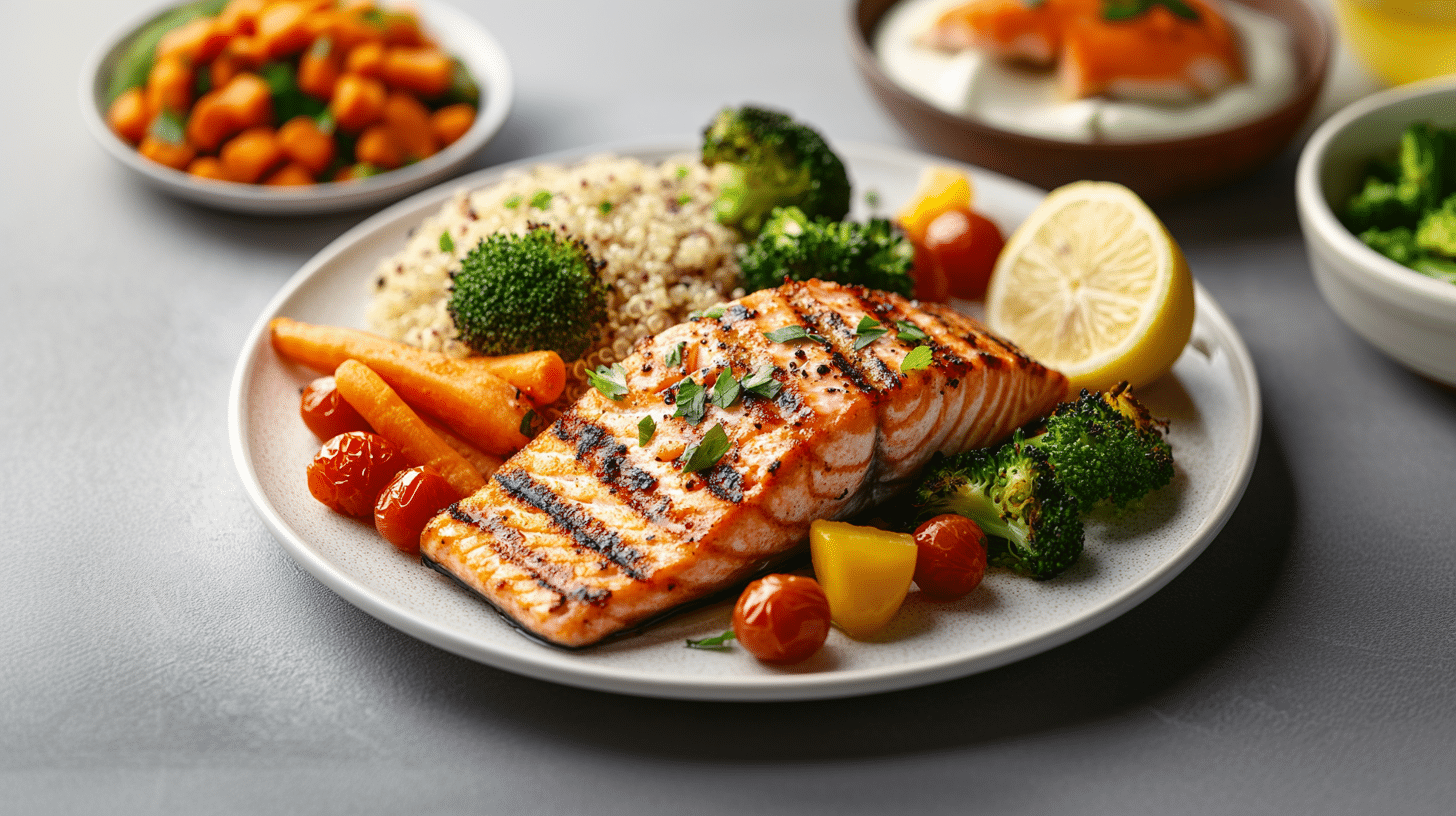 A plate that includes healthy salmon meal.