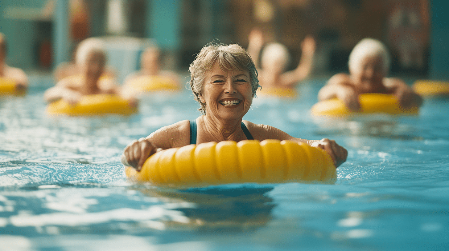 AA senior woman enjoying a water aerobic exercise.