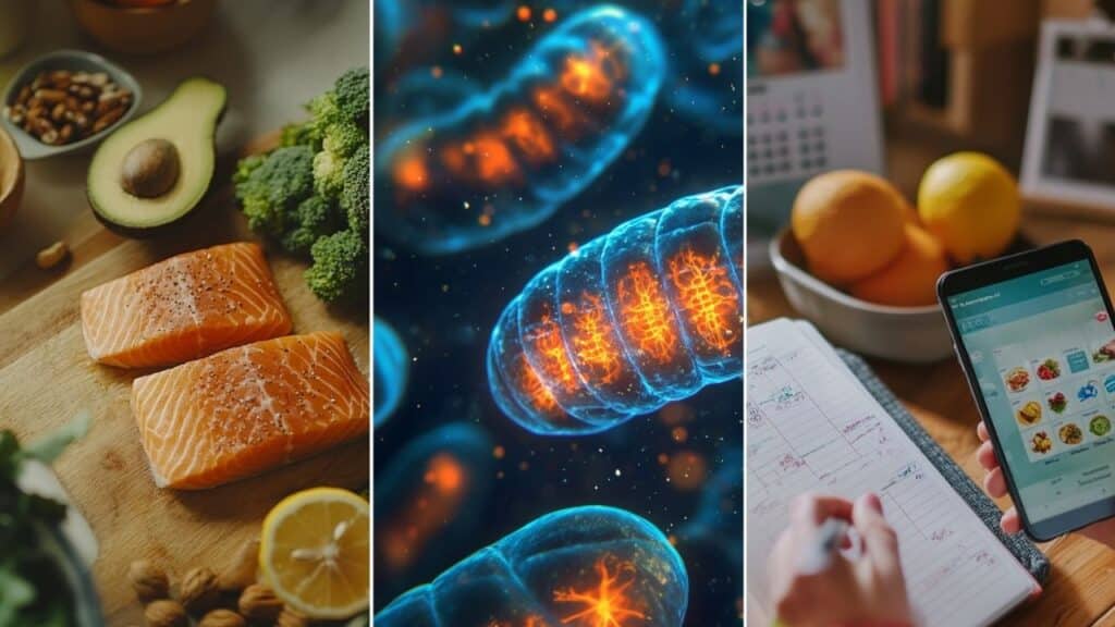 photo of avocadoes, salmon-steaks, brussels-sprouts, carrots, broccoli, nuts, chia, bluberries, tomatoes, lemons, greens top-view in the kitchen. a neatly organized workspace with a food journal open, where healthy meals and portion sizes are recorded. Beside the journal, a fitness tracker or smartphone app logs physical activity, such as steps taken and calories burned. Scientific explanations show that mitochondria generate energy, mitochondria make muscles healthier.