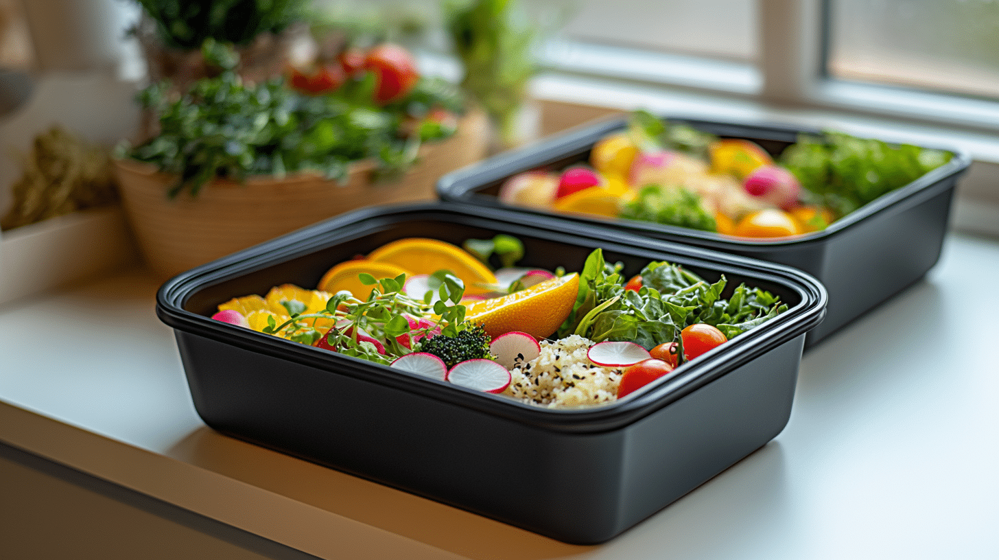 A black box food container containing a salad.