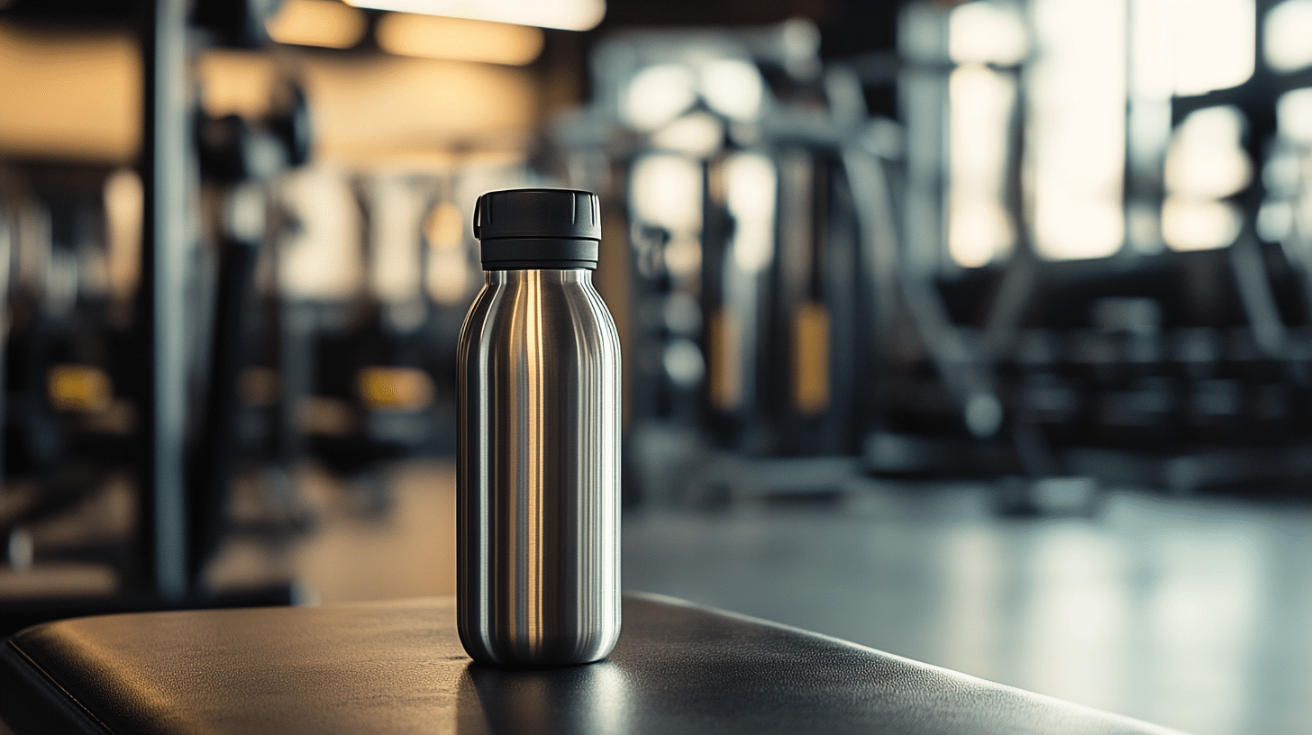 A silver water tumbler that is on top of a chair inside the gym.