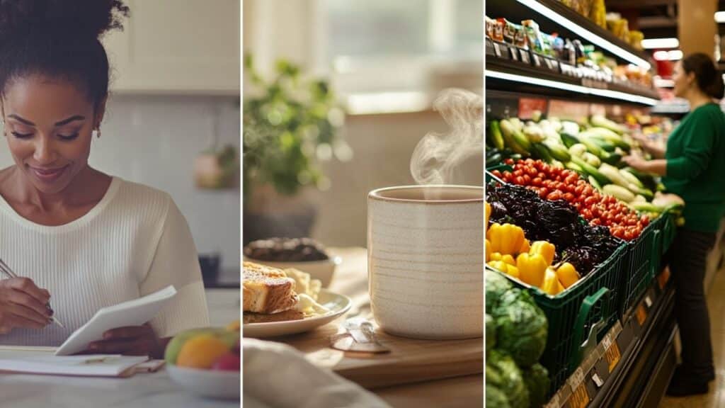 A determined 45 year old woman on a weight loss journey, sitting at a simple kitchen table with a healthy meal in front of her. She is calmly focused, preparing to eat, with a notepad of meal plans and a bowl of fresh fruits beside her. A cozy and inviting lifestyle scene featuring a ceramic breakfast mug, capturing a relaxed, homey atmosphere. A person standing in a grocery store, looking at "fat-burning" foods.