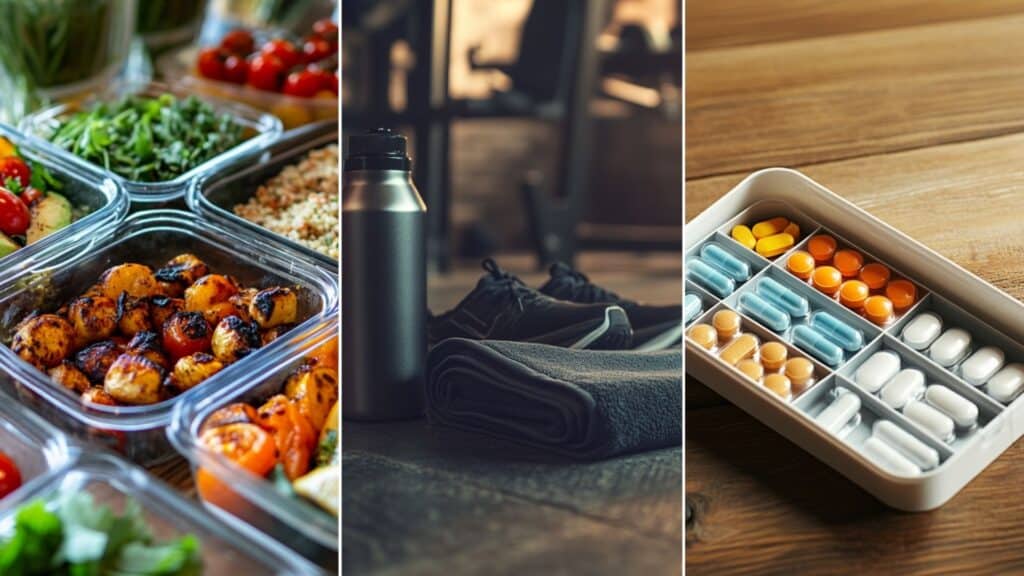 A combination of images that shows the things needed for weight loss.