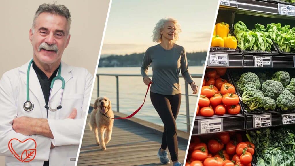 This is a split image of Dave Regner, a woman running on the boardwalk with her dog and the produce section at the supermarlet.
