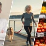 This is a split image of Dave Regner, a woman running on the boardwalk with her dog and the produce section at the supermarlet.