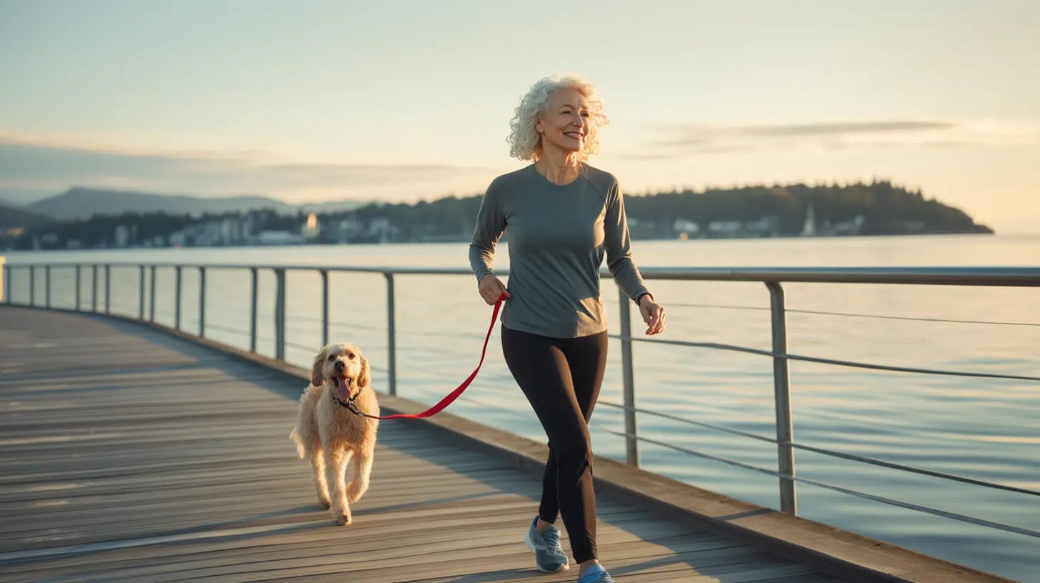 An old woman walking her dog as a form of her daily exercise.
