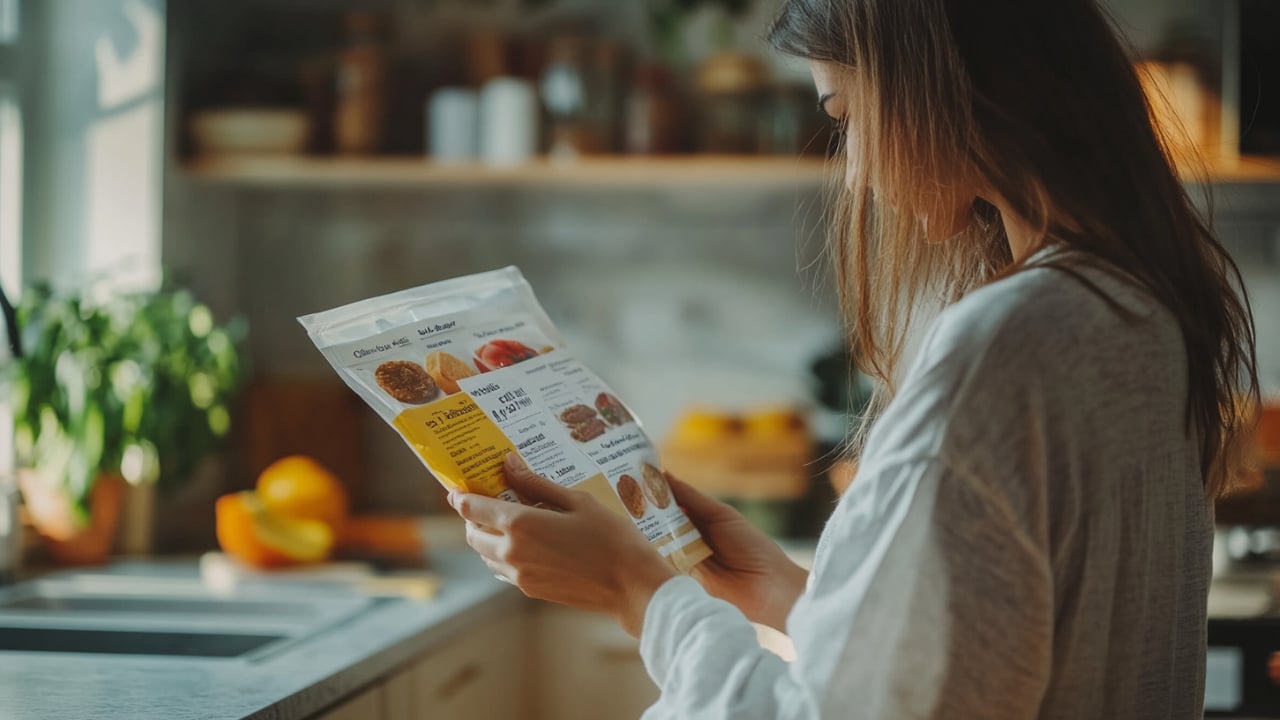 A woman holding a paper that shows different food that is rich in carbohydrates.