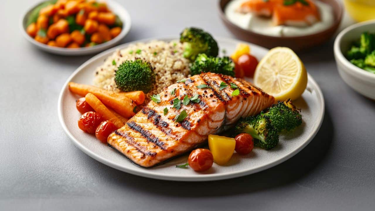 A plate that includes healthy salmon meal.