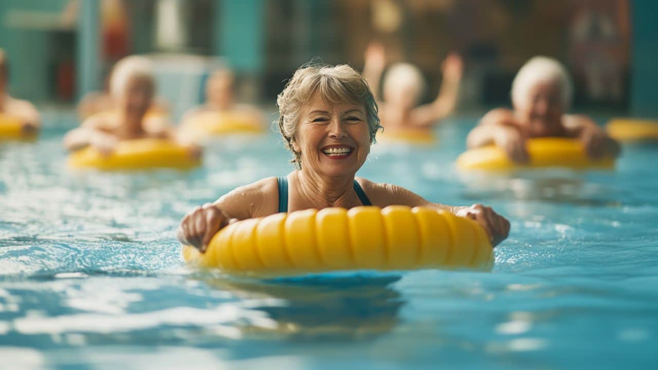 A senior woman enjoying a water aerobic exercise.