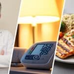 Split image of a weight loss doctor, a healthy balanced meal, and a medical device that measures blood pressure.