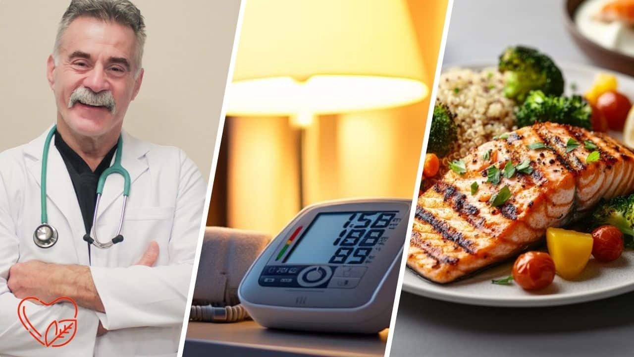 Split image of a weight loss doctor, a healthy balanced meal, and a medical device that measures blood pressure.