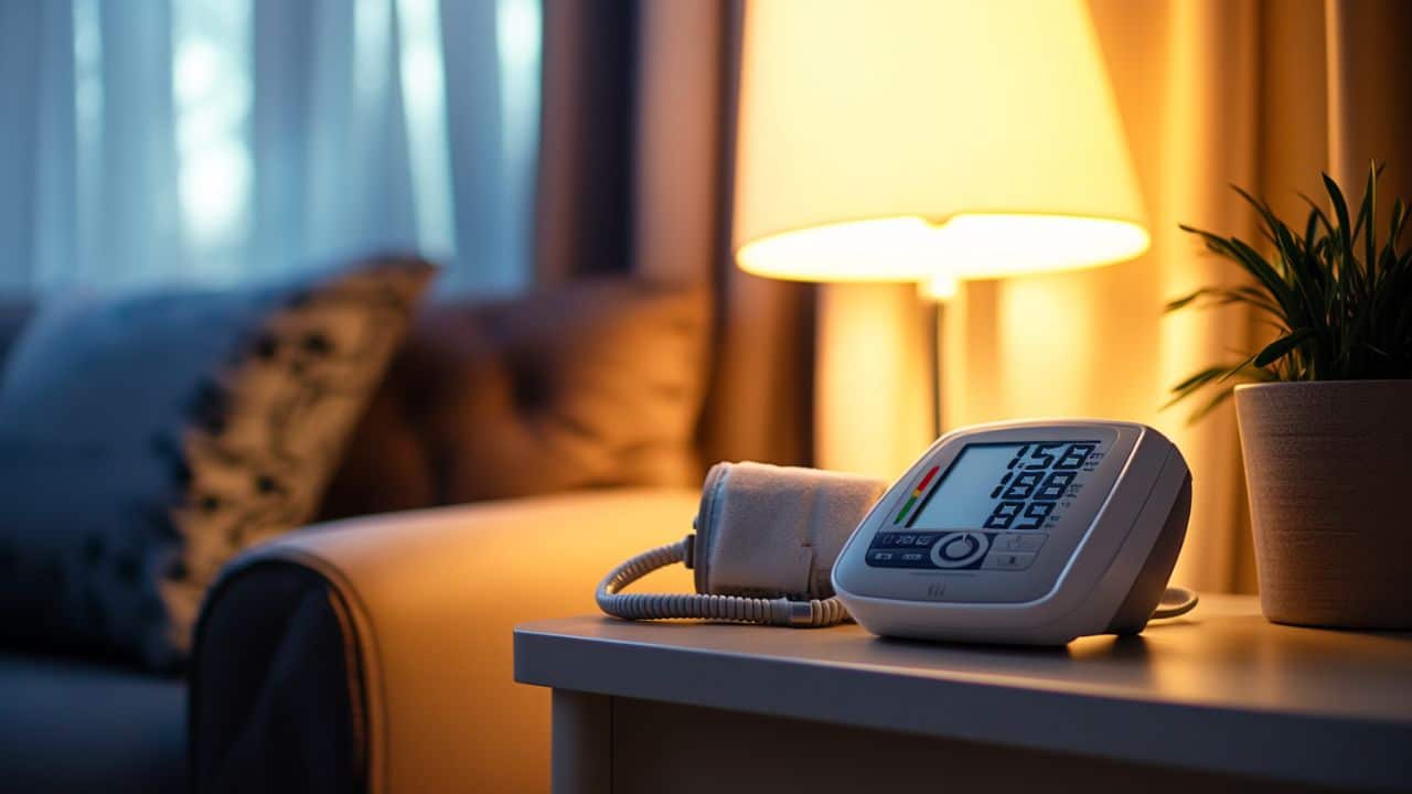 A digital blood pressure monitor with its cuff neatly placed on a nightstand next to a lamp and a pair of reading glasses. The monitor's screen displays a recent reading. Soft natural light from a nearby window, with part of an armchair or bed visible in the background. No people present.