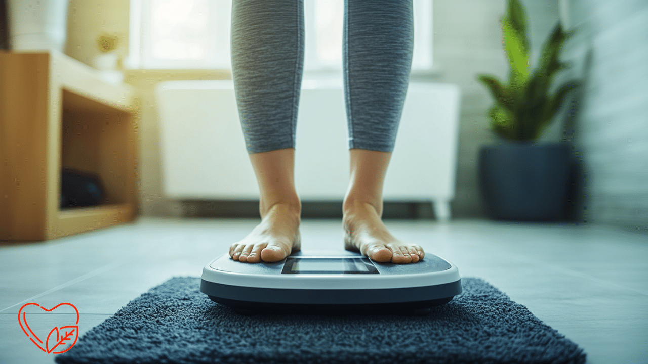 A woman standing in a digital weighing scale inside a room.
