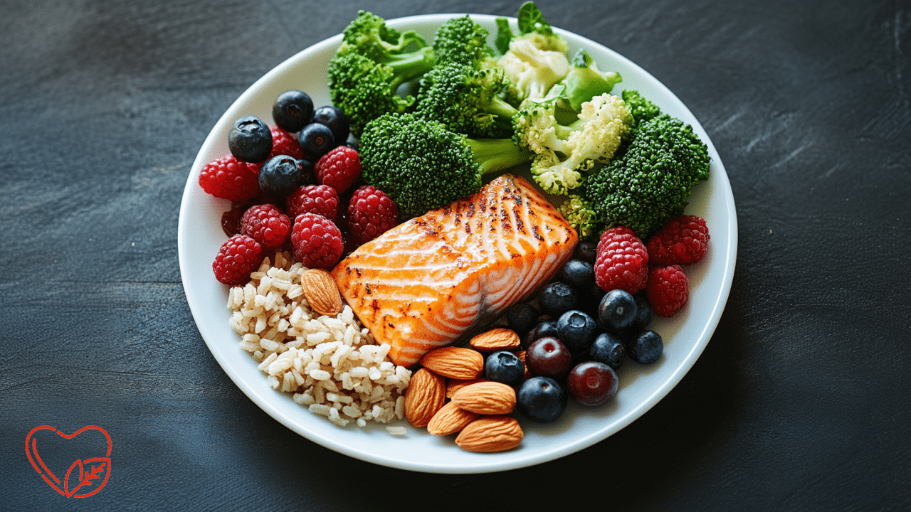 A plate consists of a healthy balanced food that shows a balanced diet.