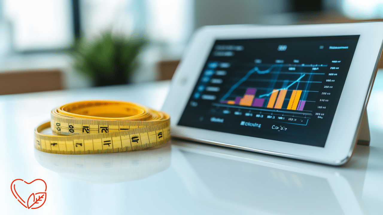 A tape measure beside a tablet that shows waist circumference data.