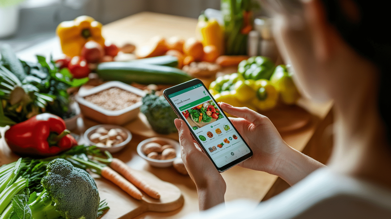An image of a woman holding a mobile phone that has a weight loss app interface.