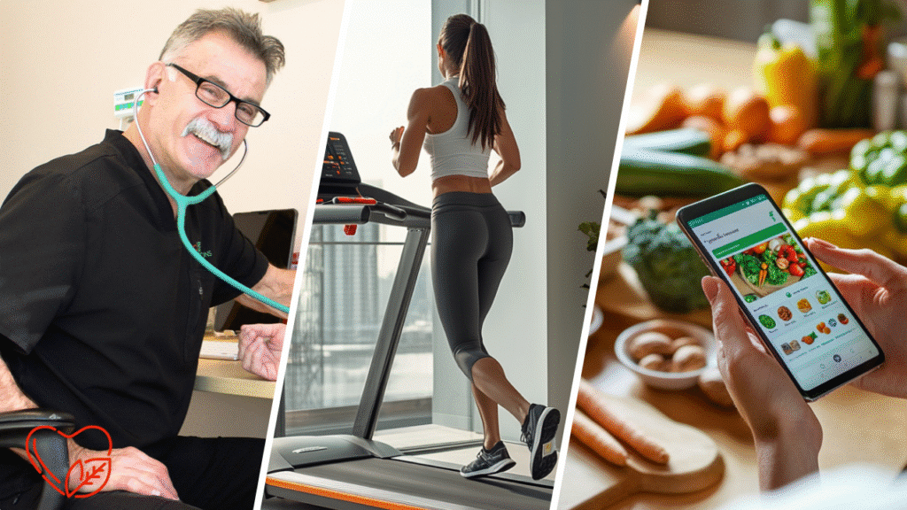 A split image of RHS doctor, woman running in the treadmill, and a woman holding a smartphone.
