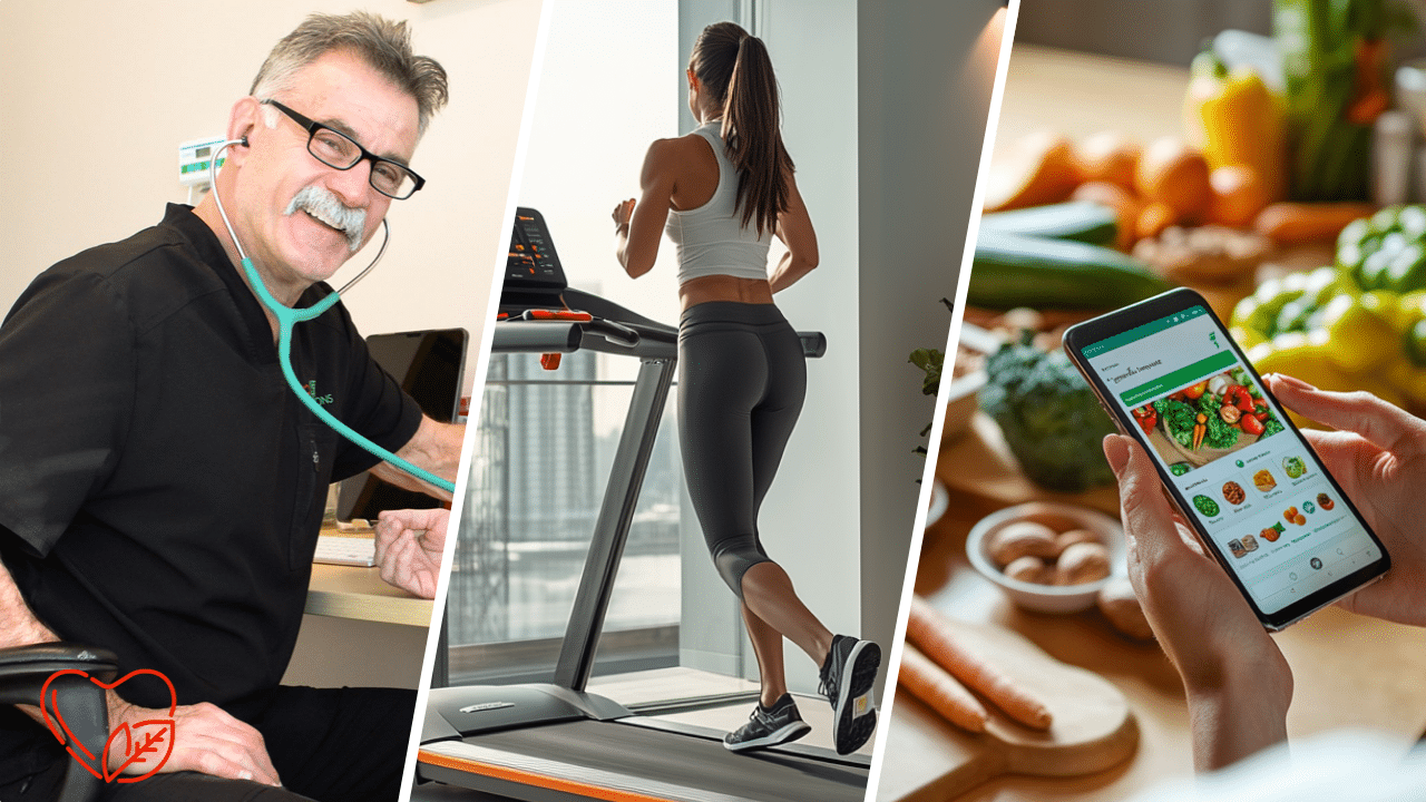 A split image of RHS doctor, woman running in the treadmill, and a woman holding a smartphone.