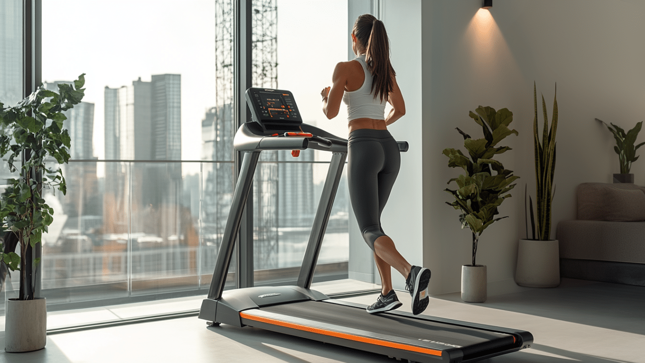 A healthy woman running on a treadmill on her home.
