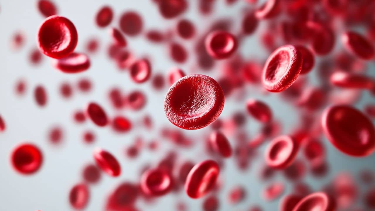 Clean, brightly colored red blood cells floating against a neutral or light background. Modern and scientific look, soft lighting, no clinical or alarming details. Abstract, smooth, and visually appealing.