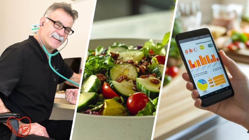 A split image of RHS doctor, a bowl of healthy salad, and a smartphone with weight loss interface.